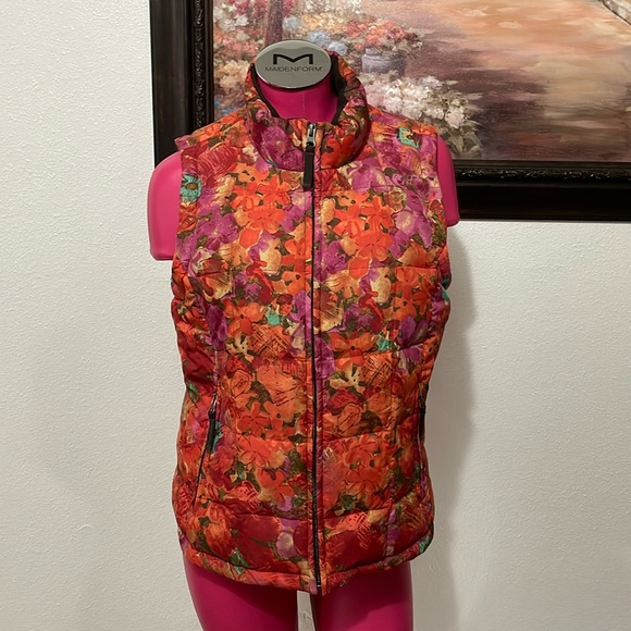 Eddie Bauer Quilted Goose Down Puffer Floral Vest Jacket Size M Orange Red Pink - Picture 1 of 9